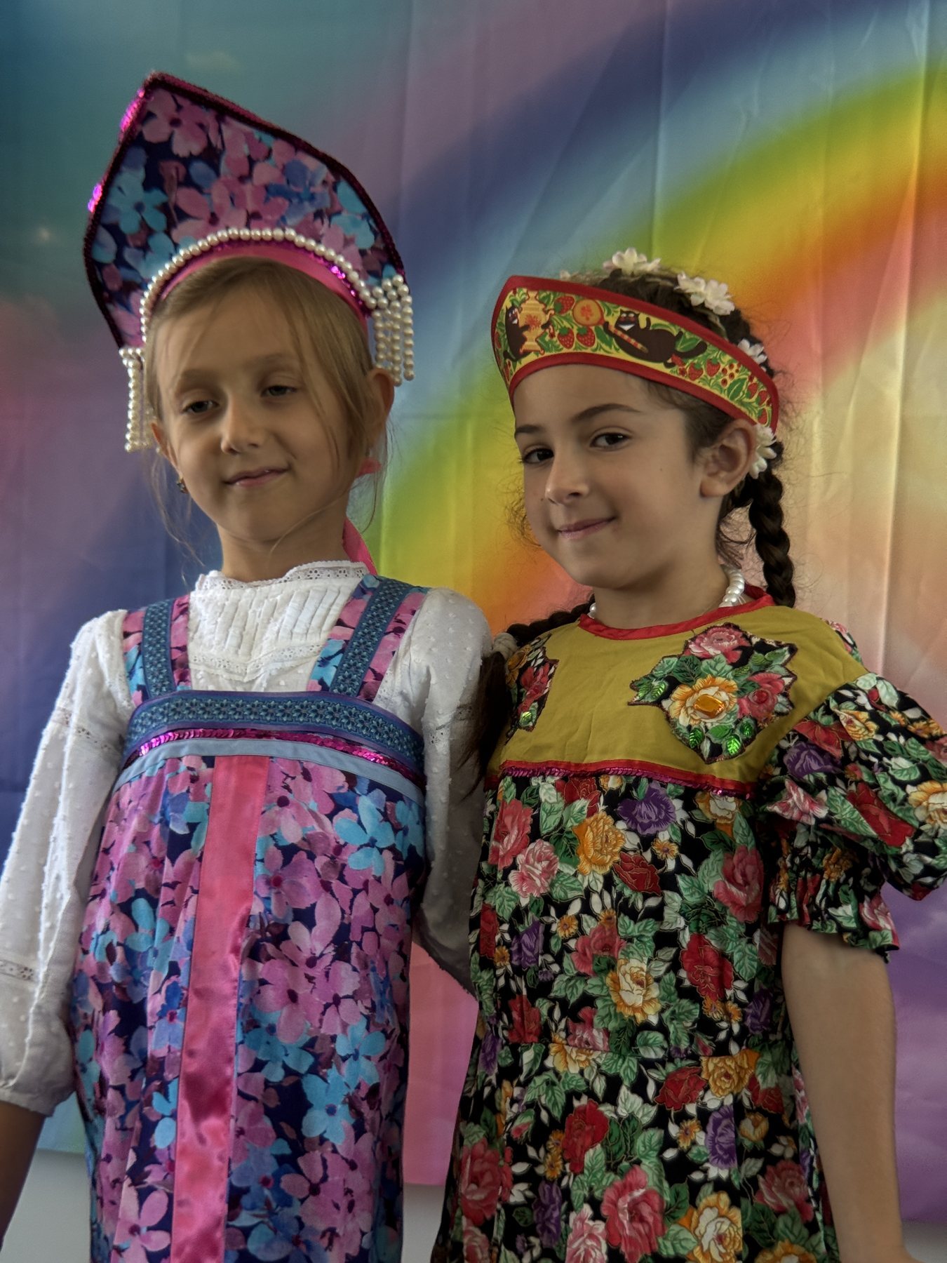 Two girls in kokoshniks at Maslenitsa