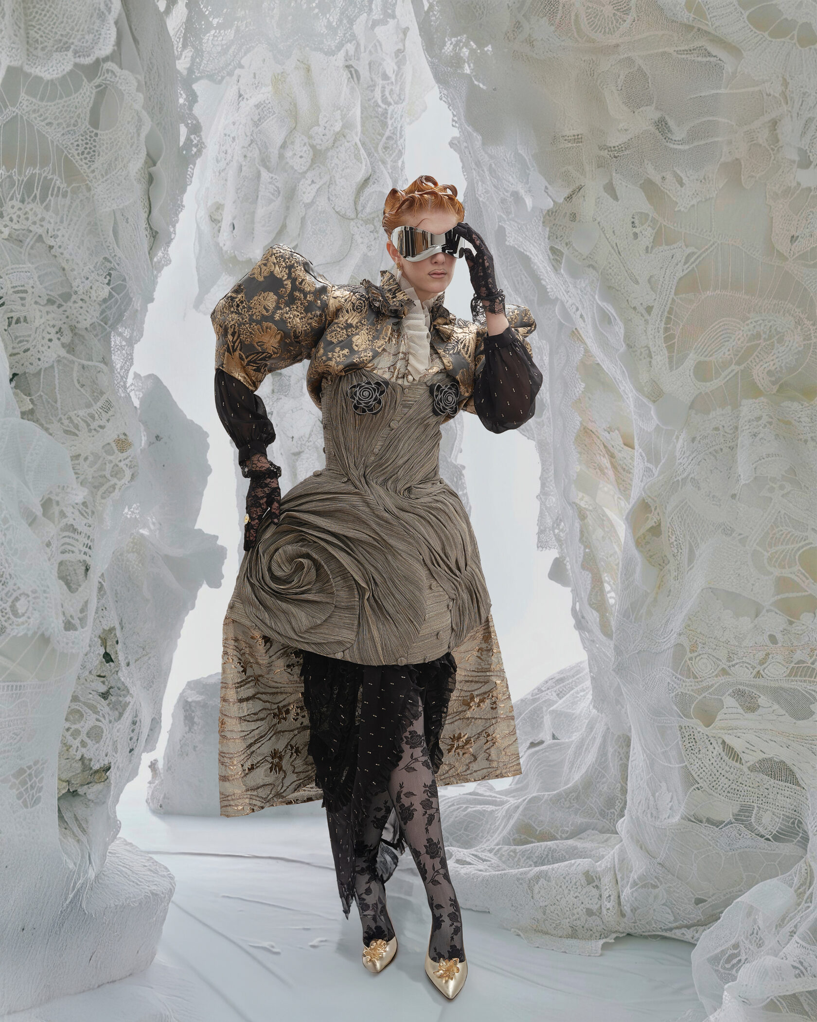 Weave Tale — Sculptural gold dress and mirrored sunglasses