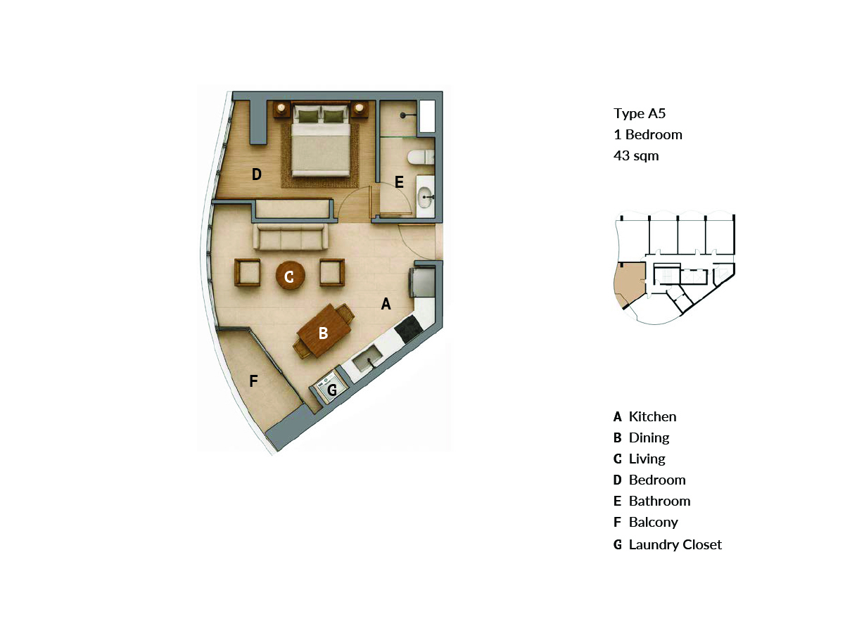 Elegance Residence floor plan type A5, 1 bedroom, 43 sq.m