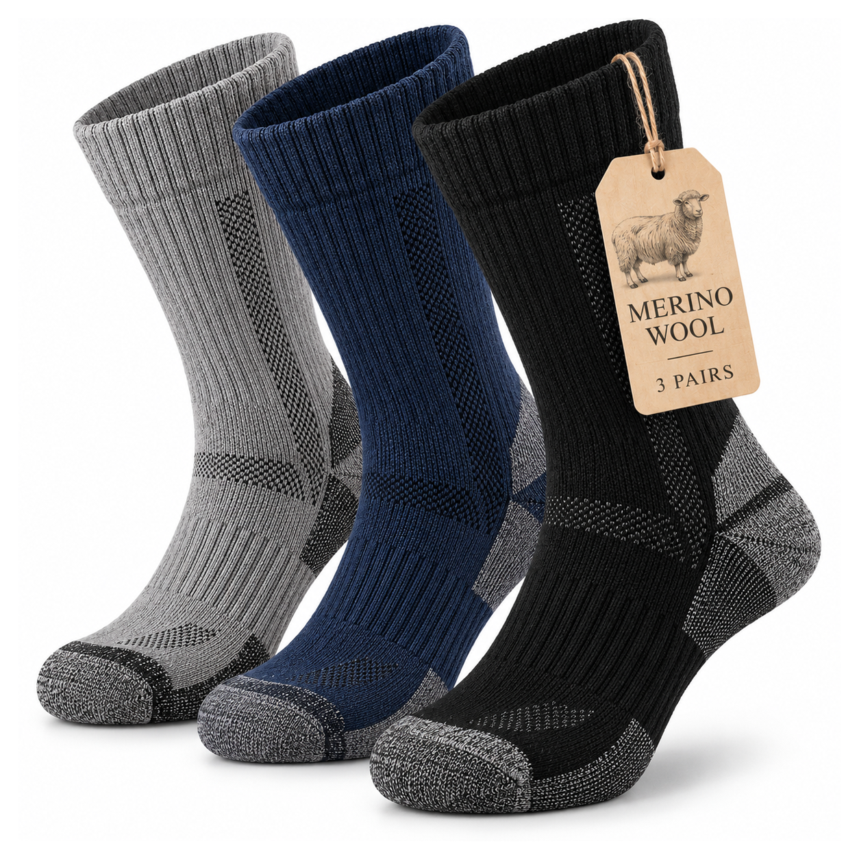 Men's merino wool crew socks in navy, black and grey