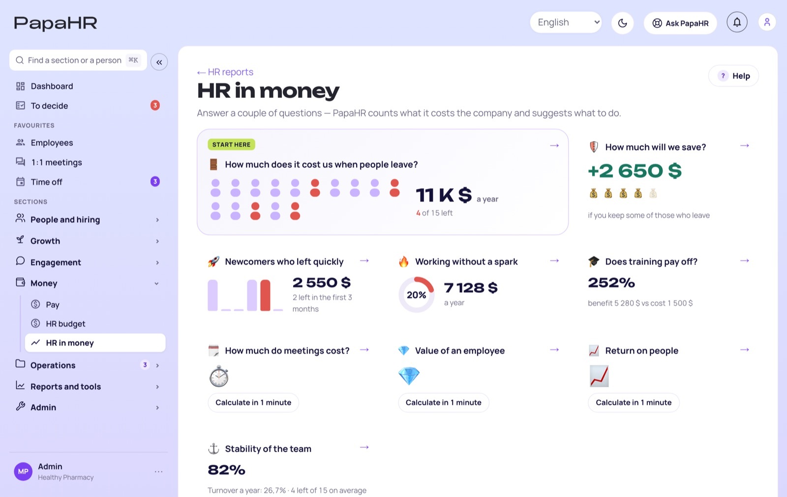 PapaHR “HR in money” screen: what it costs when people leave and how much you save