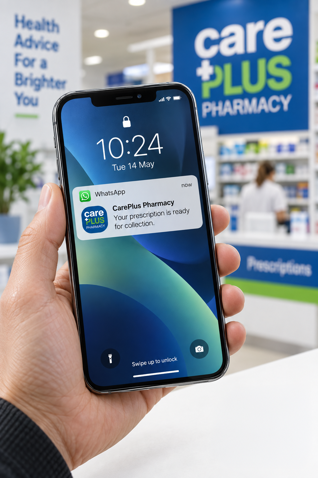A smartphone held in a pharmacy showing a WhatsApp notification that a prescription is ready for collection