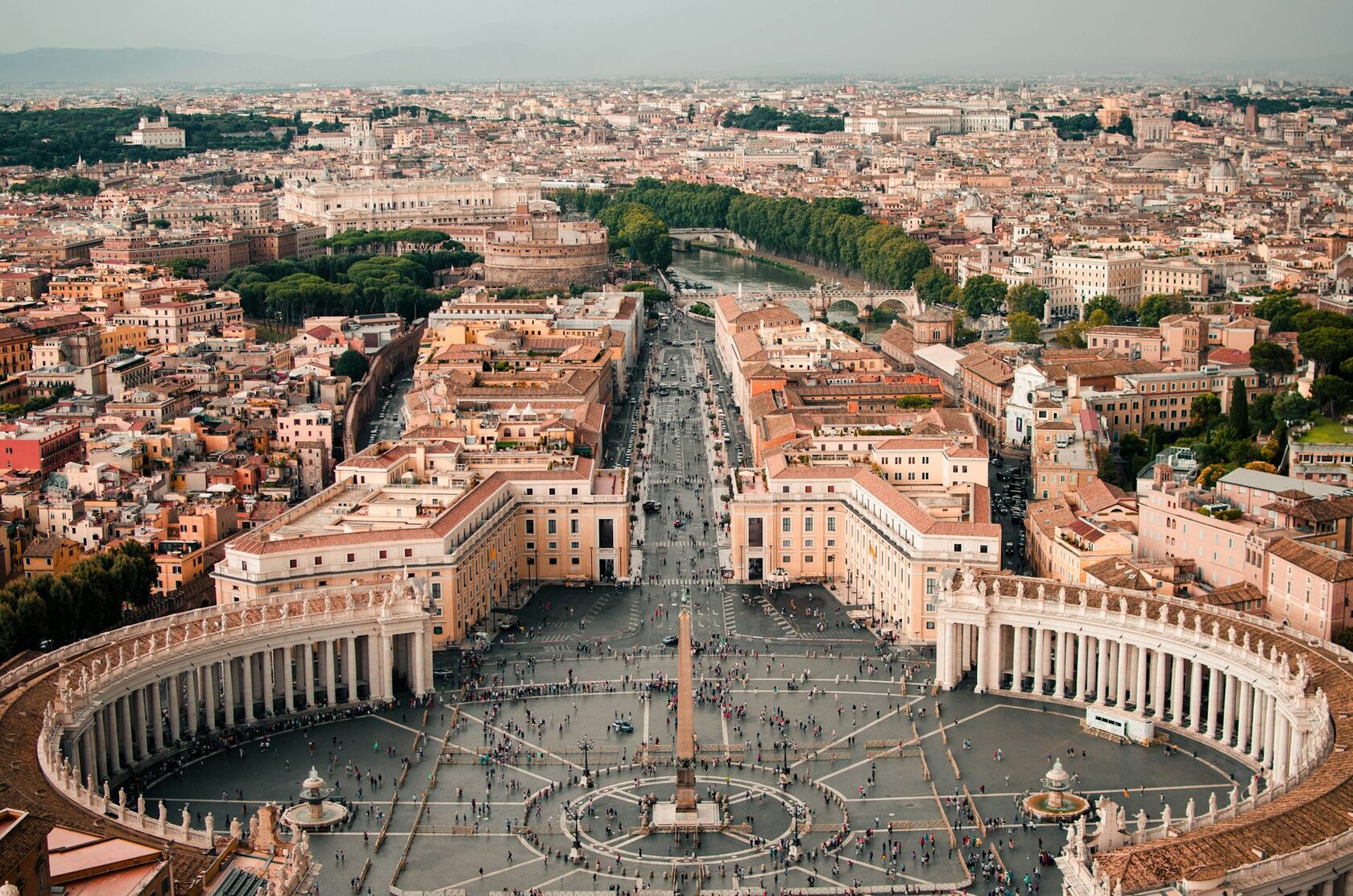 St. Peter's Square seen from the dome of the basilica, the great colonnade curving below