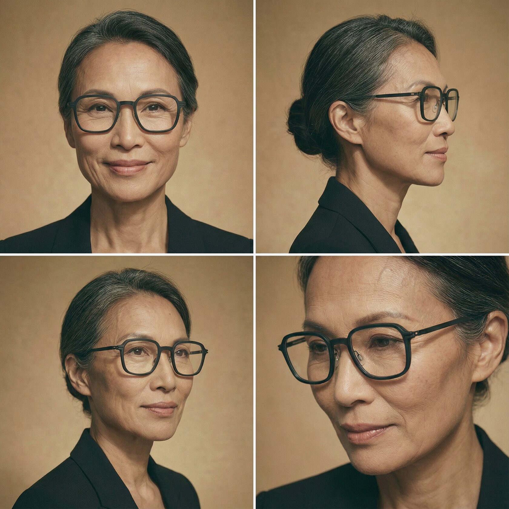 AI character with integrated eyewear shown from several viewpoints