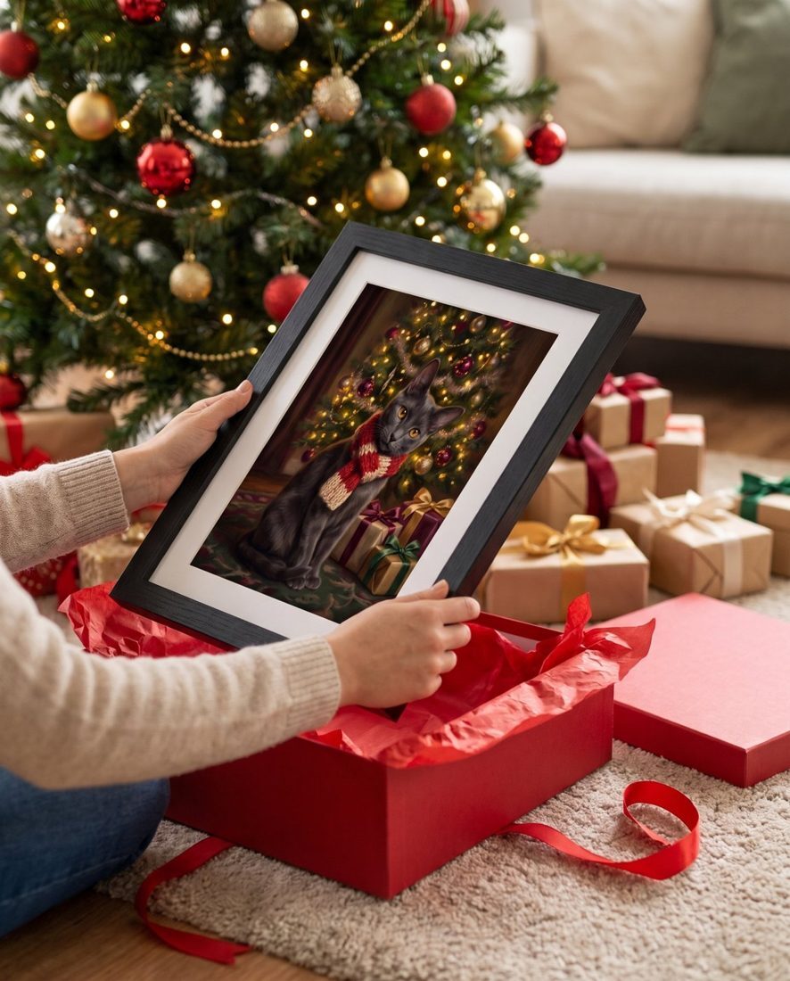 Framed pet portrait unwrapped under a Christmas tree