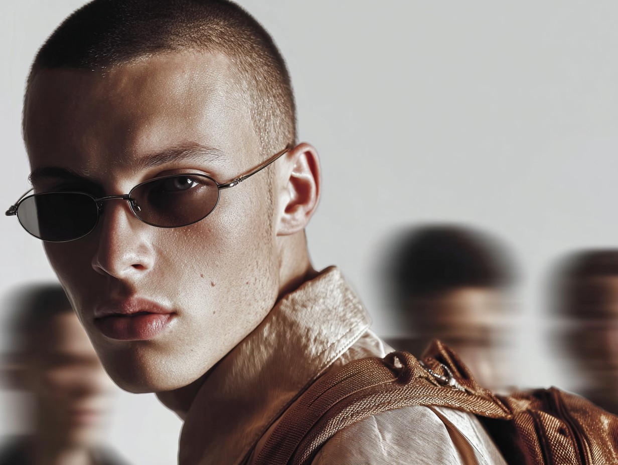 Eyewear visual research study 08: portrait with moving background figures