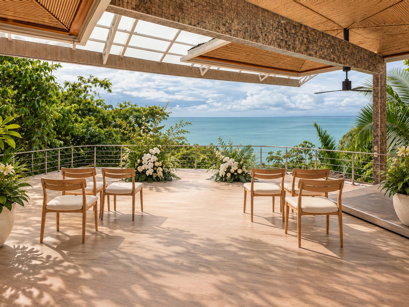 terraza del Shanti Spa preparada para una ceremonia de boda íntima sobre el Pacífico, Makanda by the Sea, Manuel Antonio