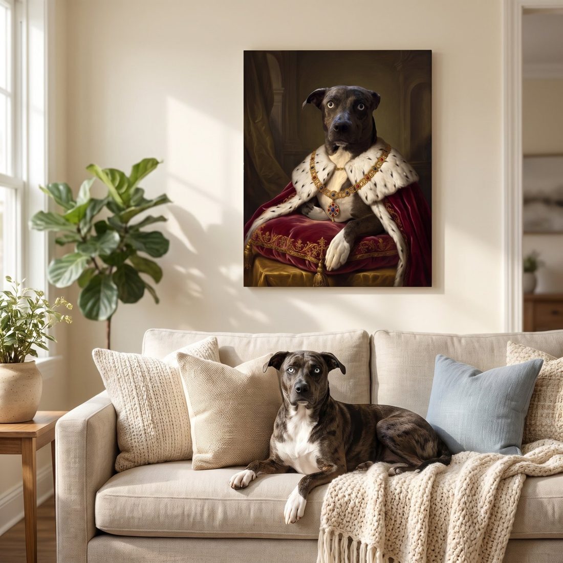 Canvas portrait hanging above a sofa