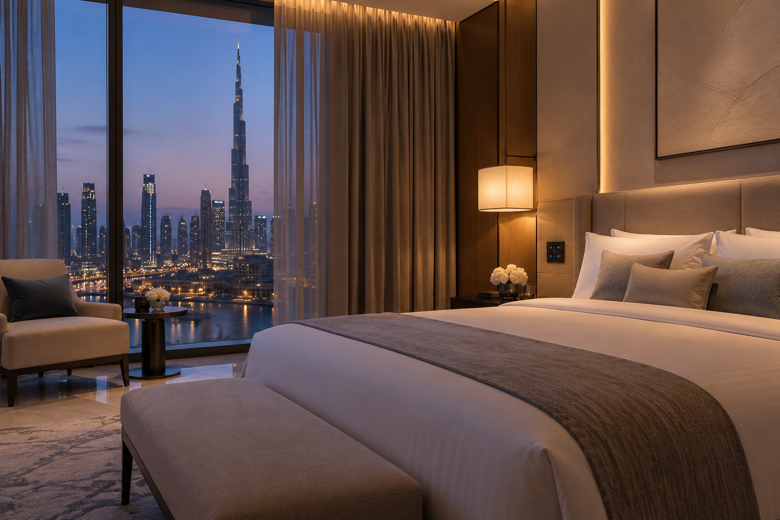 Illustrative Dubai hotel guest suite with bedside controls and evening lighting