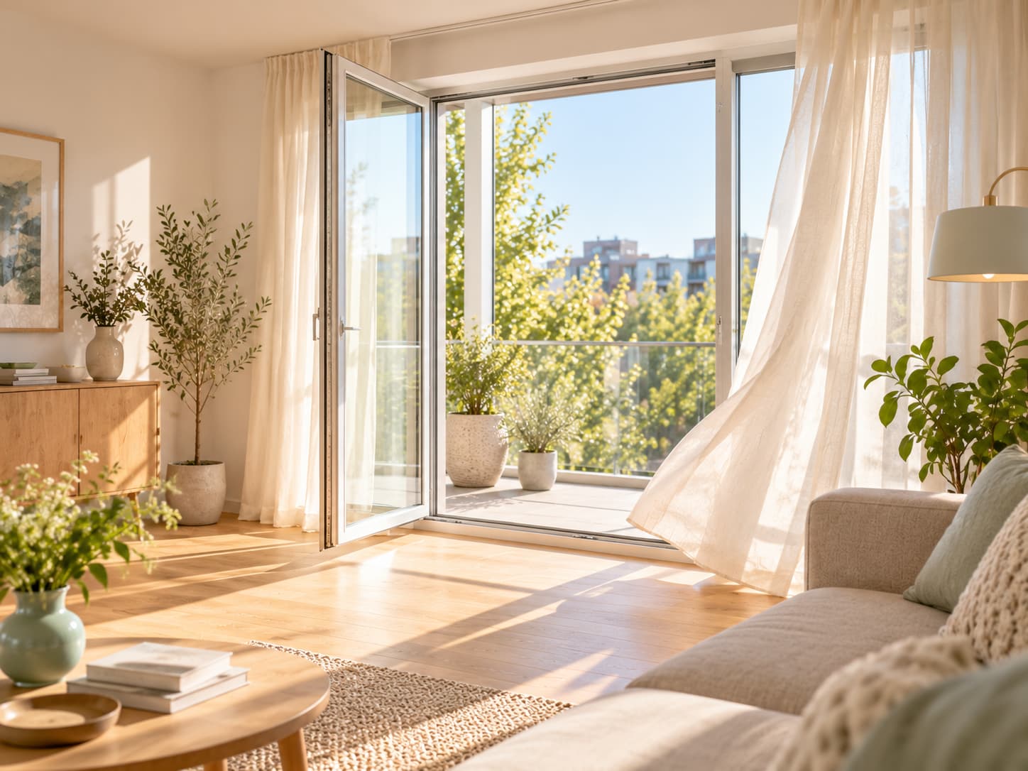 Symbolbild: weit ge&ouml;ffnetes Fenster in einem hellen Wohnzimmer mit wehender Gardine. F&uuml;nf Minuten Querl&uuml;ften bringen mehr als Kippen, r&auml;t Shikardos Reinigung f&uuml;r Wohnk&uuml;chen in Offenbach.