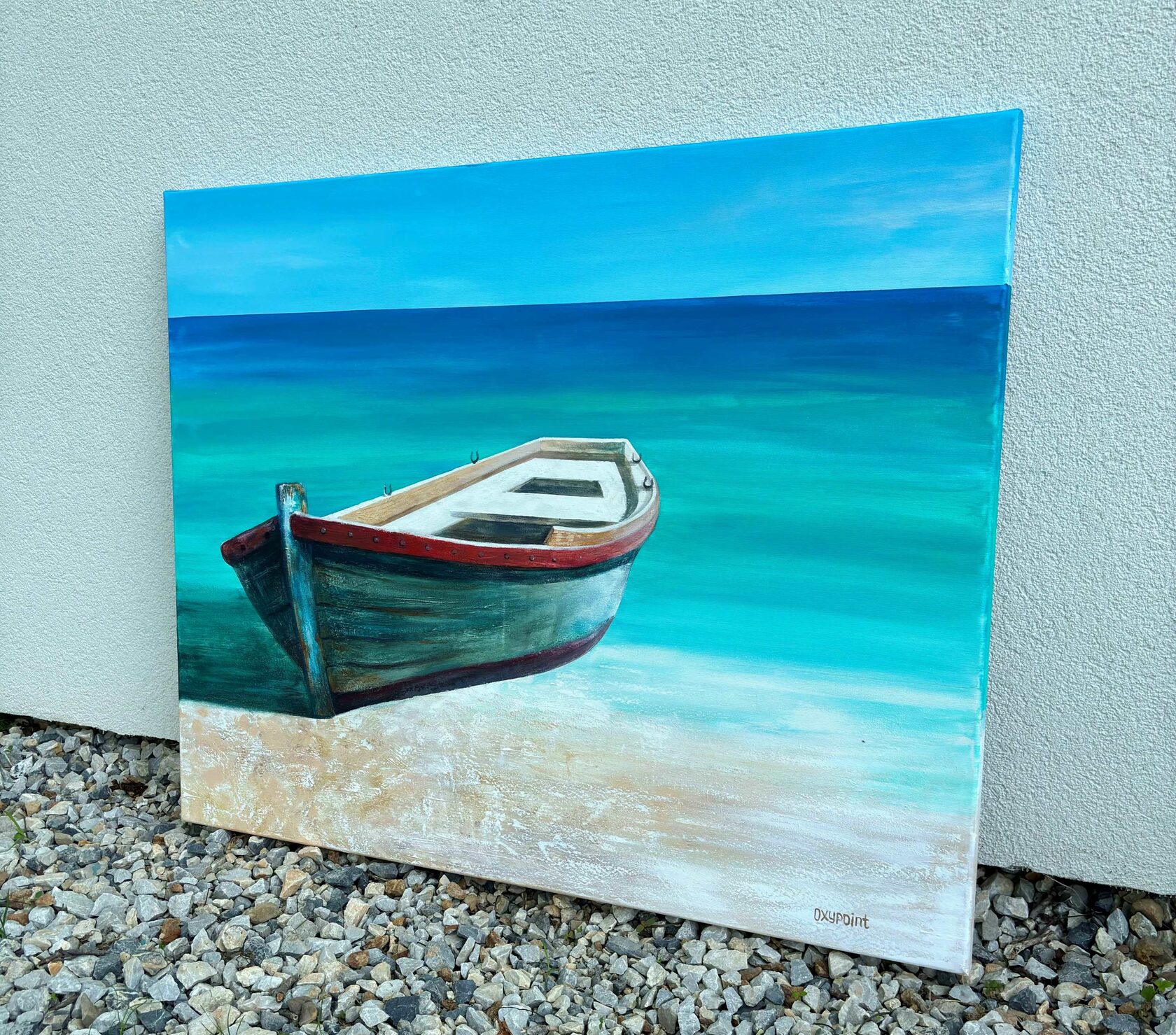 Acrylic painting boat, mixed media, turquoise sea, waves, seascape, large wall art for sale, buy art from artist, buy original paintings, painting for sale Oxana Kravtsova Oxypoint