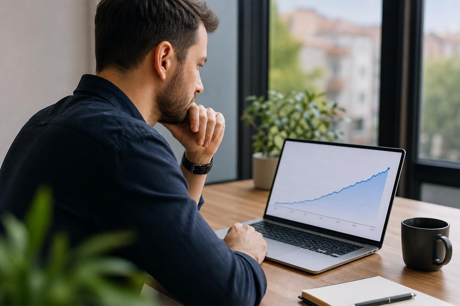 Man sitting at a wooden desk looking at a laptop screen displaying a blue upward-trending growth chart.