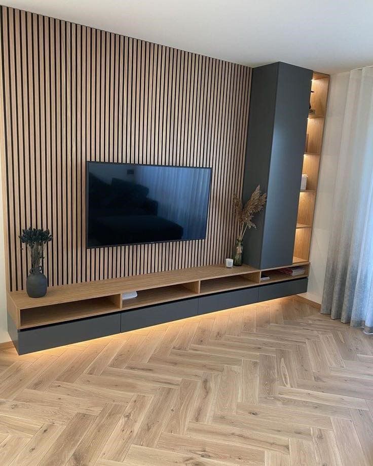 Luxury timber media wall with storage and TV recess