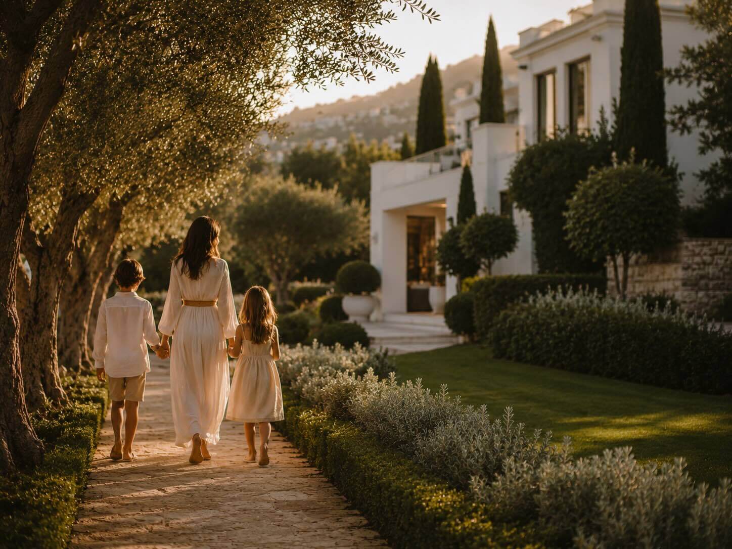 Family walking through a villa garden in Nueva Andalucía, Marbella