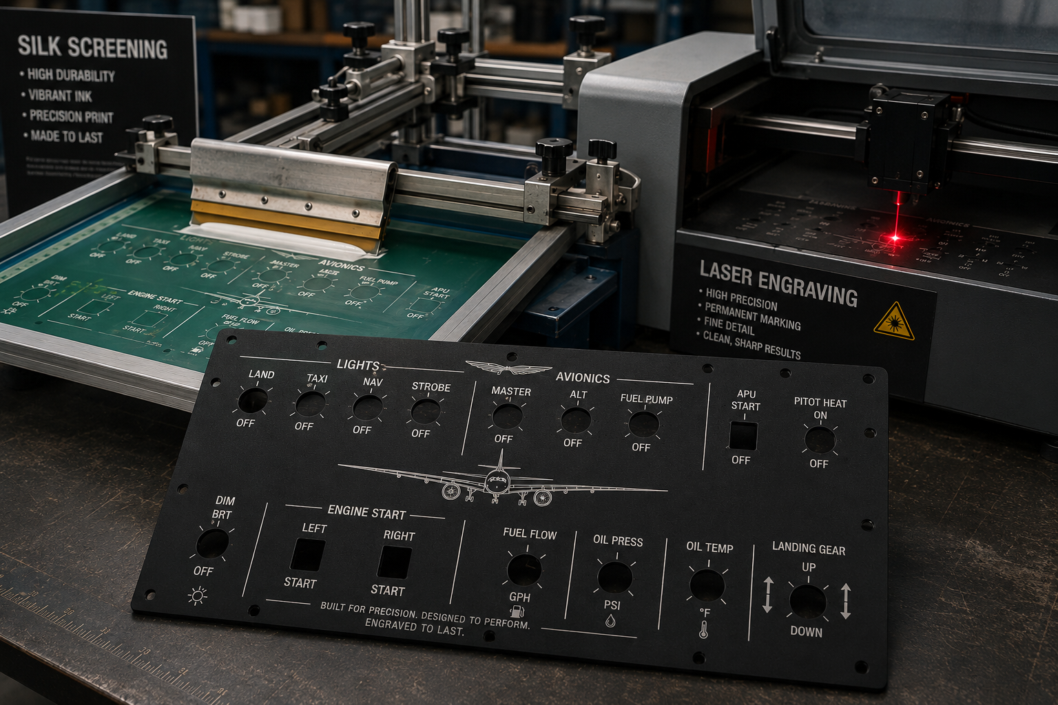 Silk-screened legends and markings on a finished avionics panel