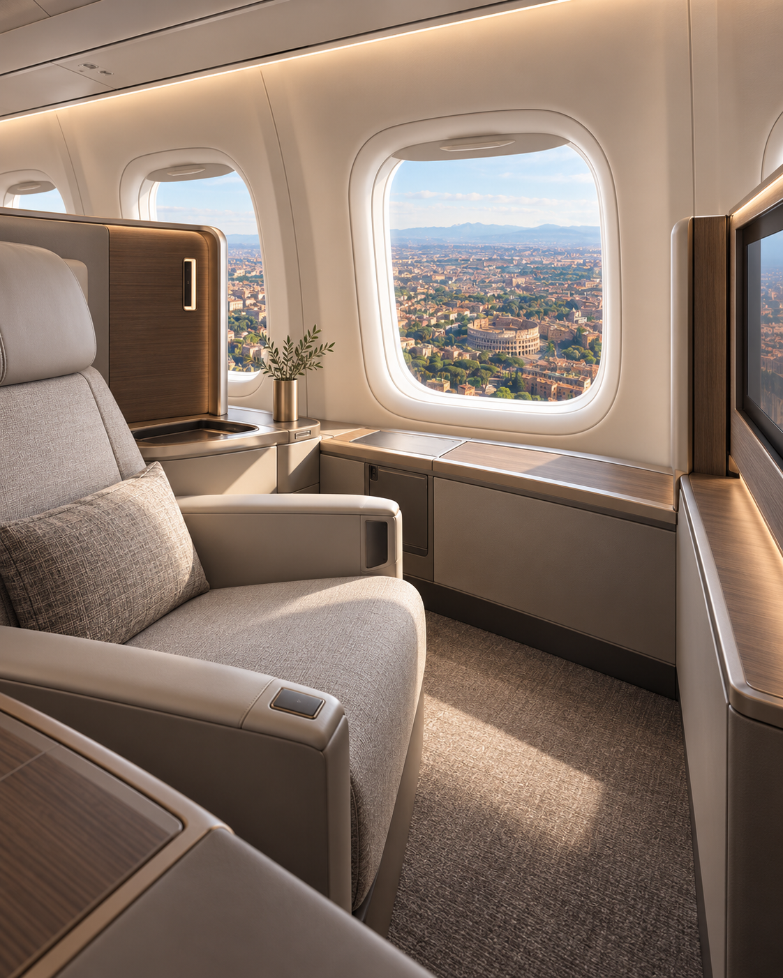 Business Class cabin with a view over Rome from the window