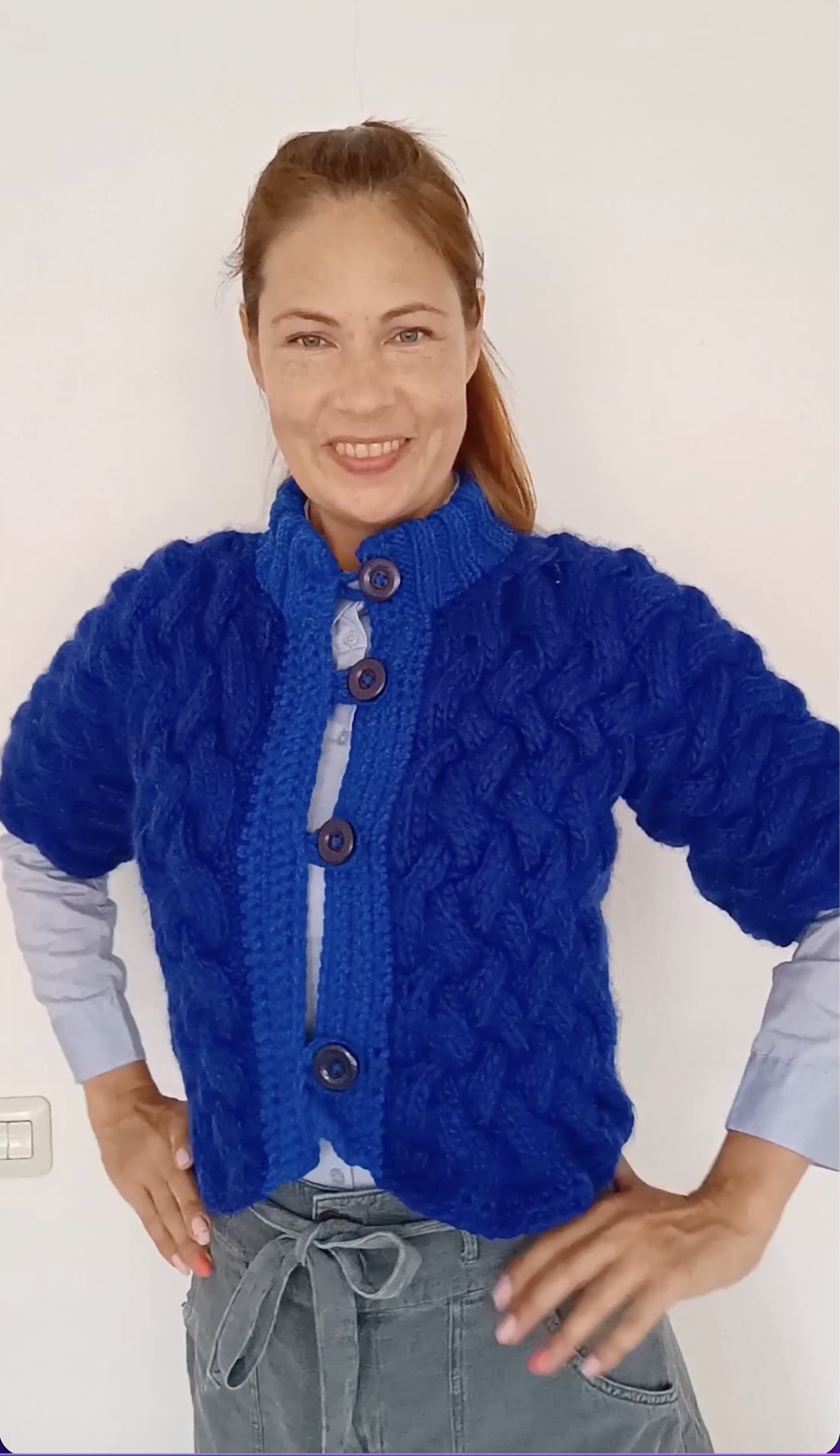 One-of-a-kind hand-knitted cardigan in royal blue