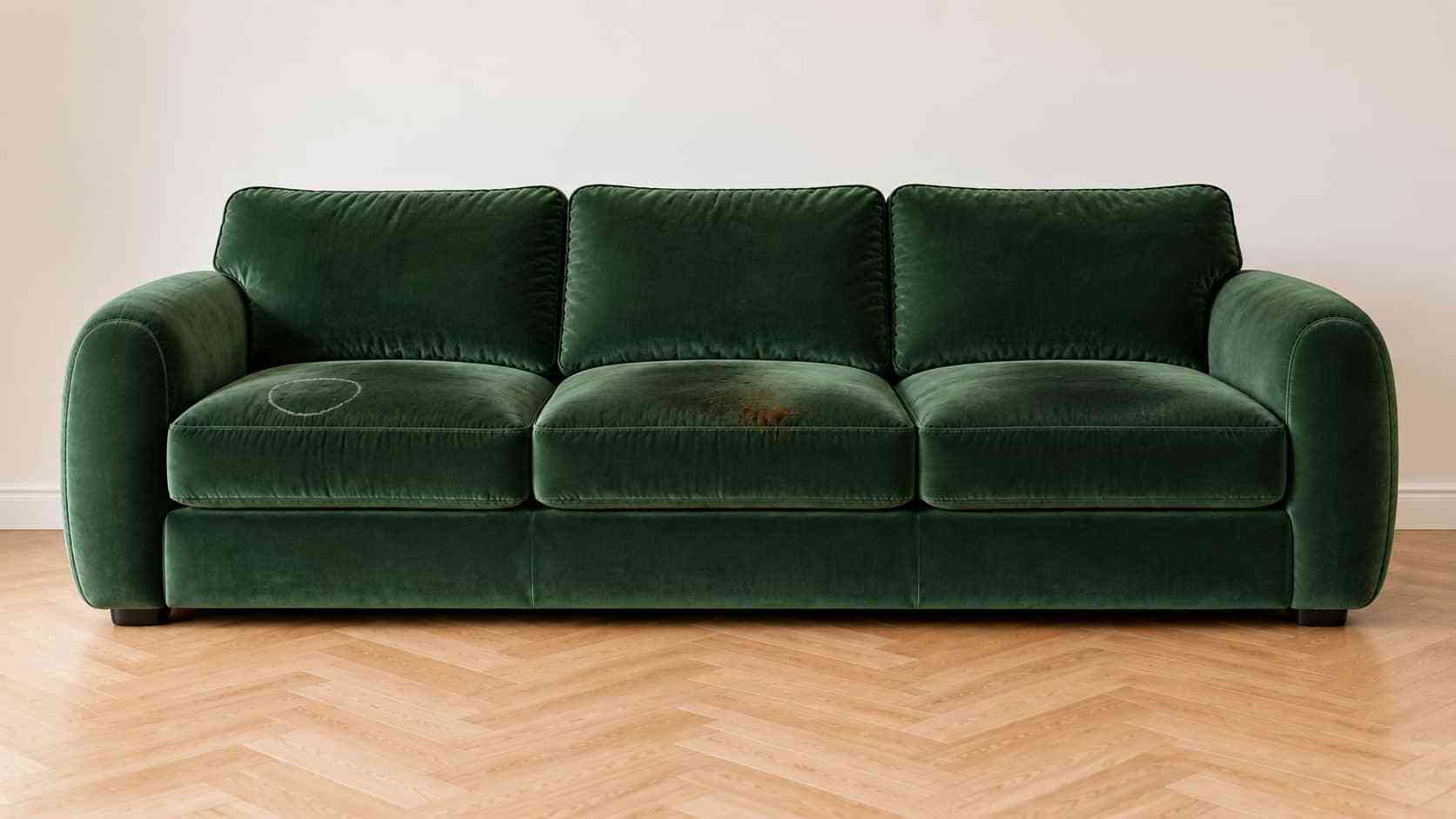 Symbolbild: dunkelgr&uuml;nes Samtsofa mit Wasserrand, Kaffeefleck und plattgedr&uuml;cktem Flor auf den Sitzpl&auml;tzen vor der Reinigung.