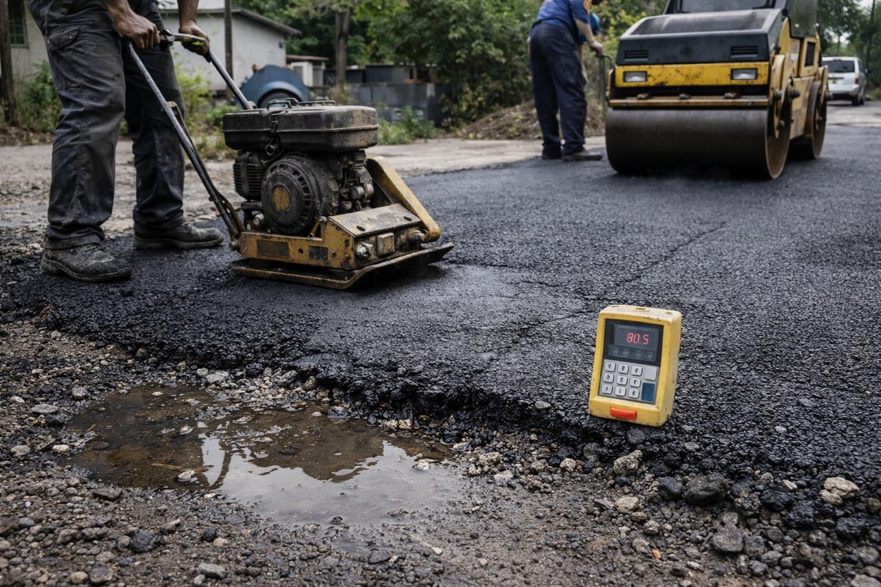 Недостатъчно уплътнен асфалт с ръчен компресор и ниска плътност под 90 процента