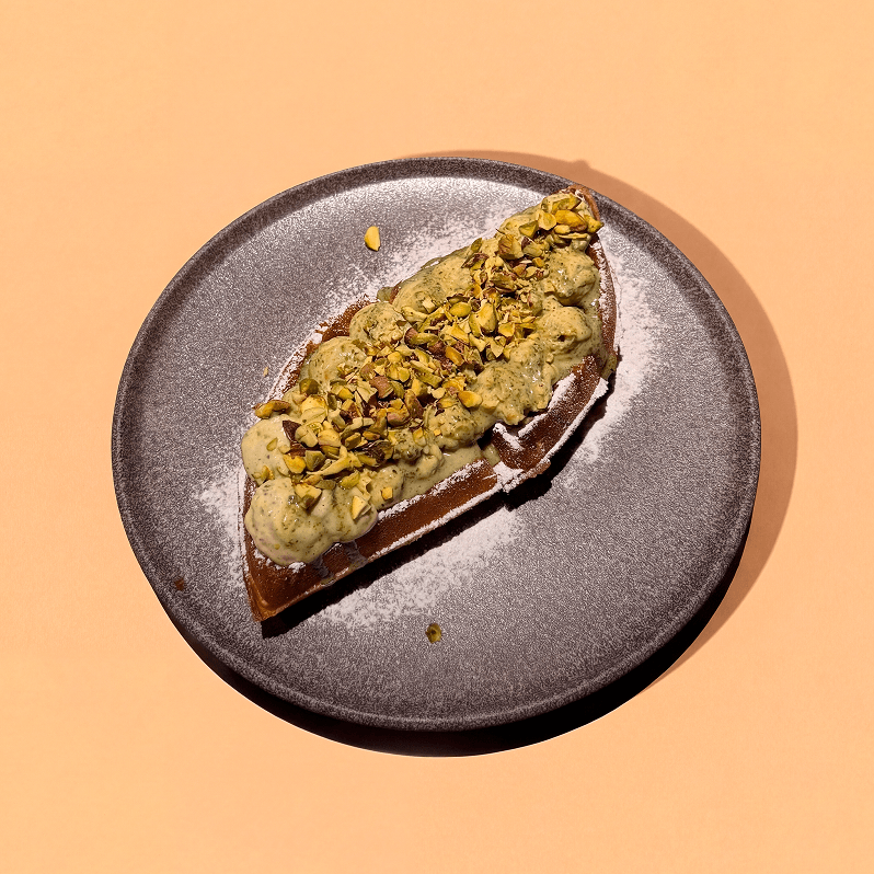 Pistachio waffle with pistachio cream and crushed pistachios