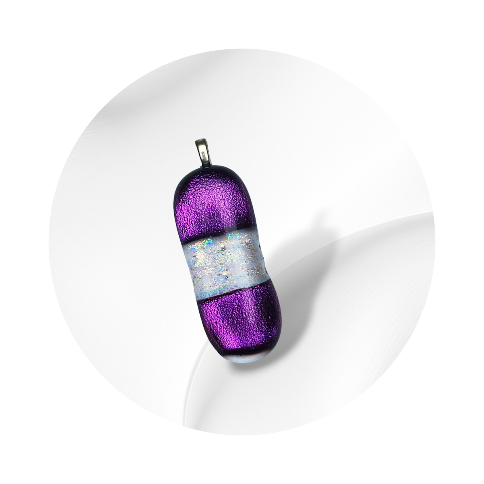 Long purple dichroic glass pendant for women.