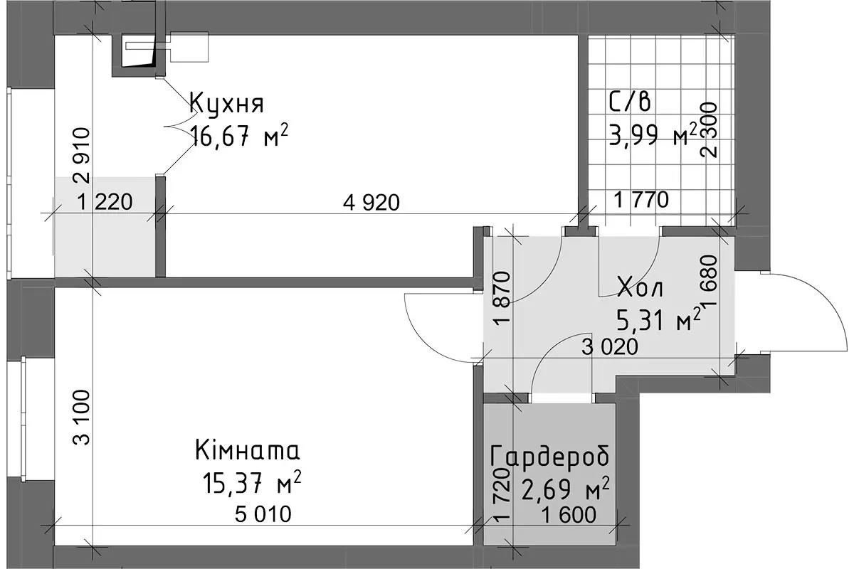 Планування 1-кімнатної квартири в ЖК Чайка Люкс — варіант 2
