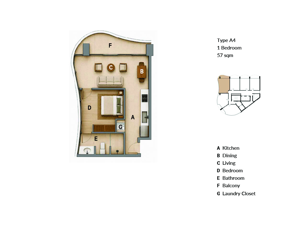 Elegance Residence floor plan type A4, 1 bedroom plus, 57 sq.m