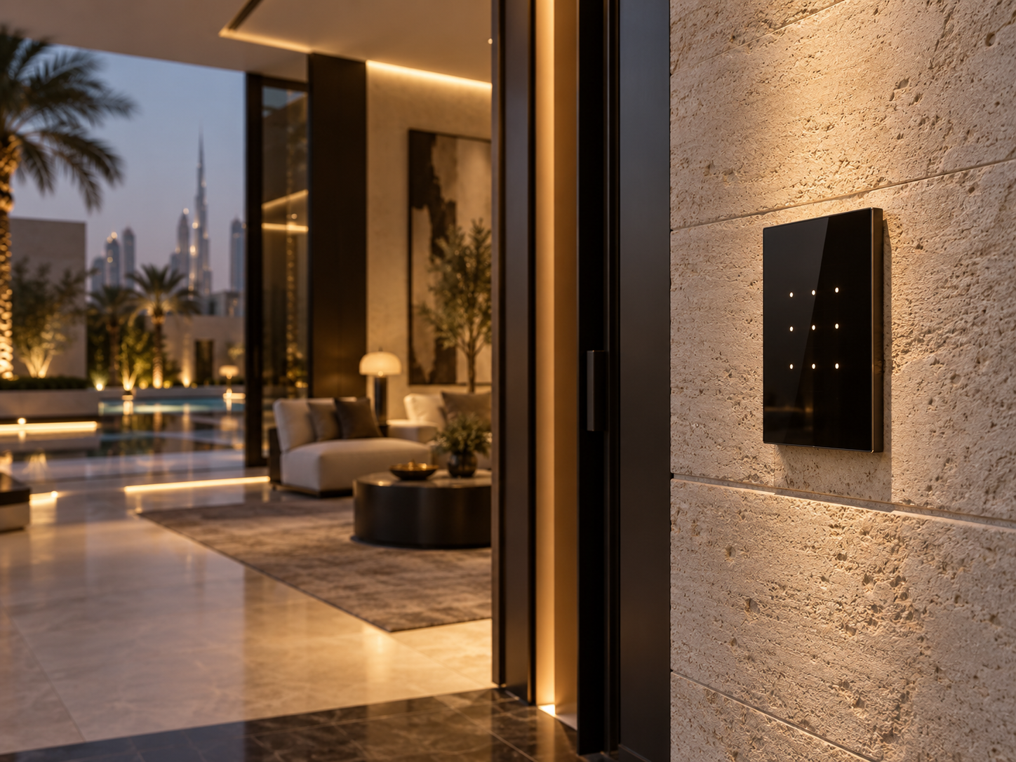 Illustrative smart home keypad in a contemporary villa