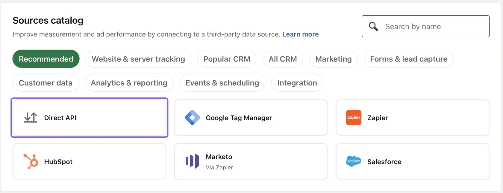 Каталог источников для подключения Conversions API в LinkedIn