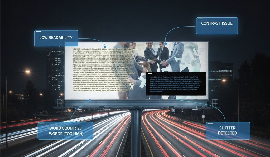 Bad billboard design with callouts showing why it fails