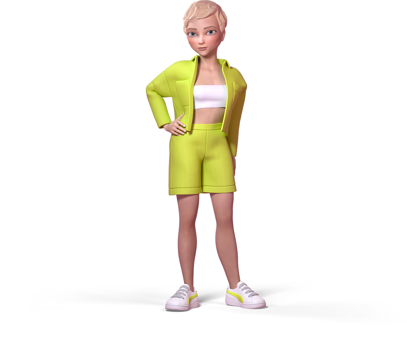 Стилизованная, мультяшная Алина Пол в полный рост в виртуальной одежде