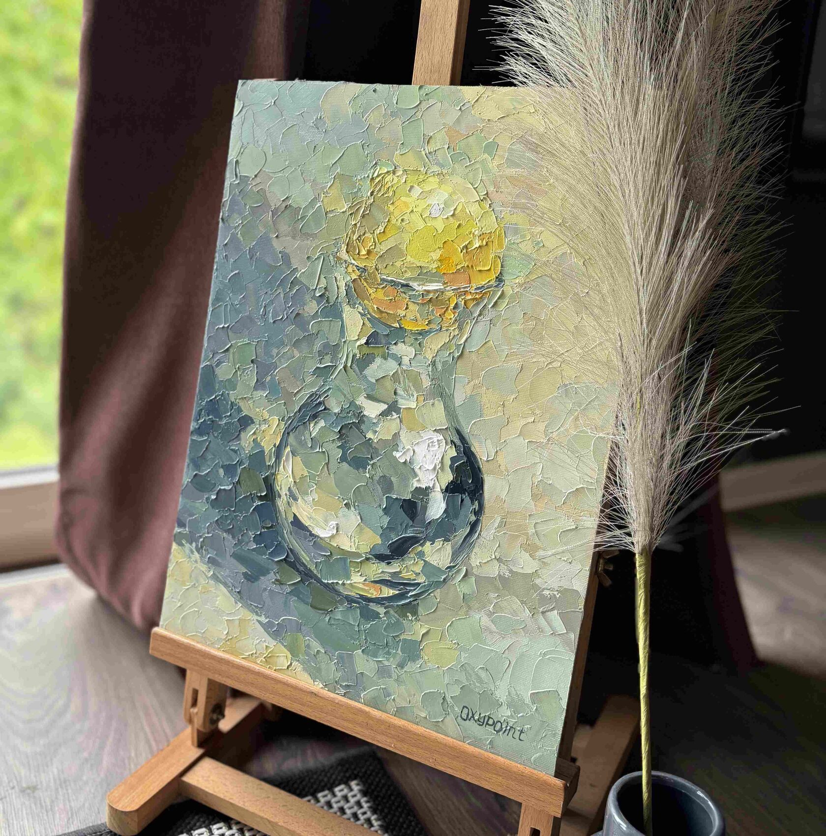 lemon oil painting, still life with glass, abstract art, balance painting with a knife, artist OXYPOINT Oxana Kravtsova