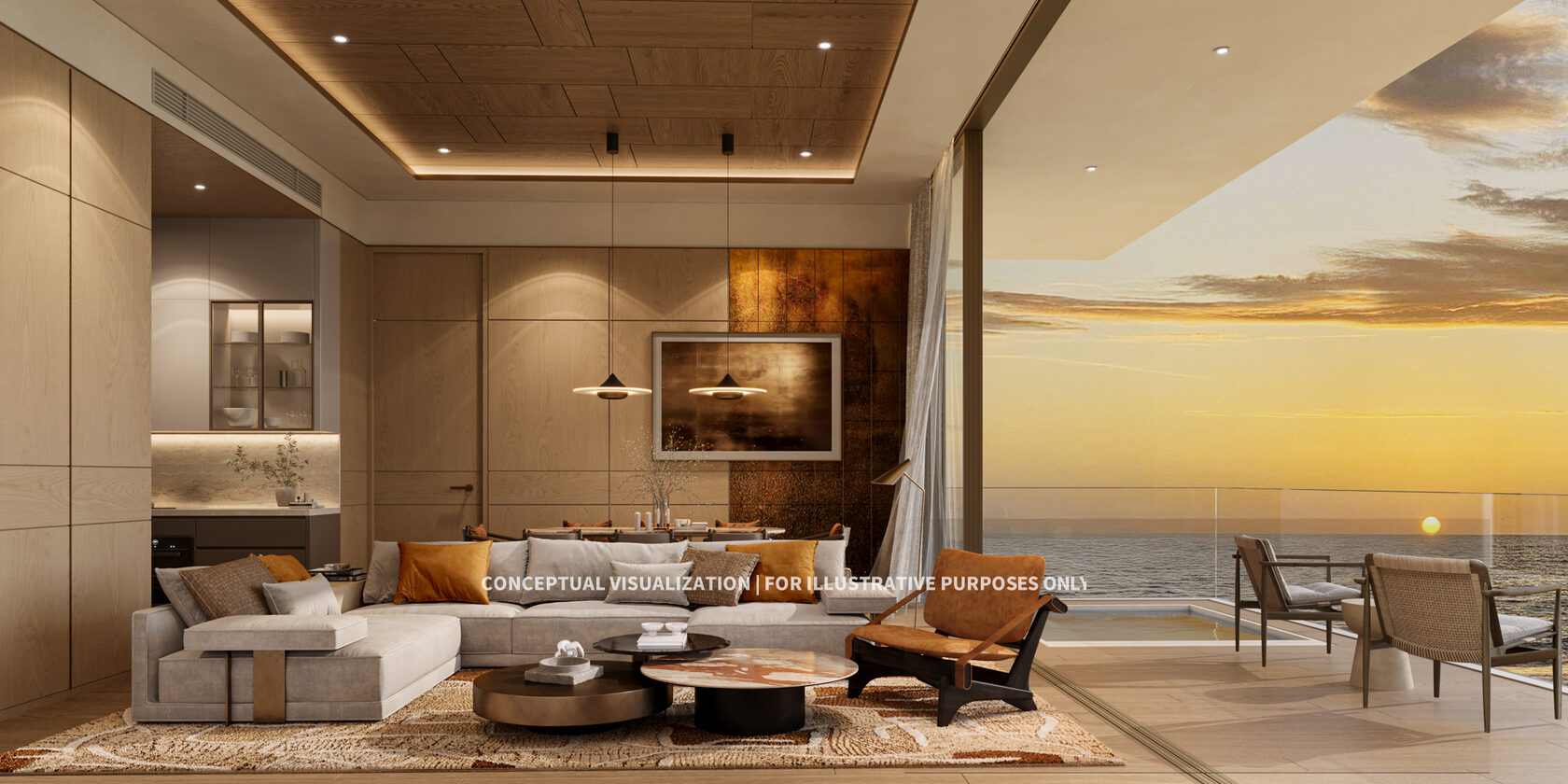 Soondri Wongamat 2-bedroom living room at sunset