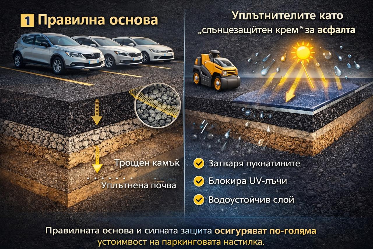 Инфографика за асфалтиране на паркинг – правилна основа от трошен камък и защитен уплътнител срещу UV, вода и натоварване
