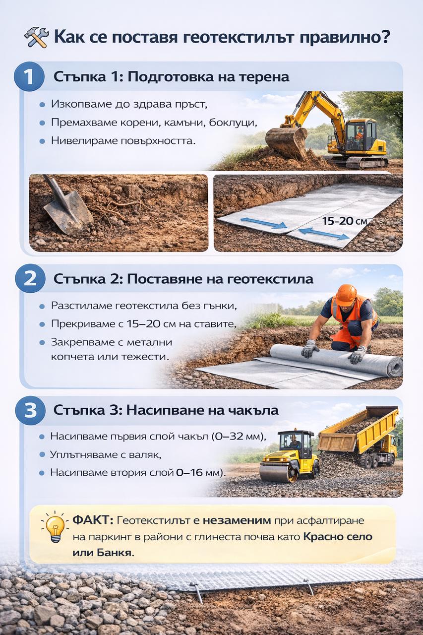Стъпки за правилно поставяне на геотекстил при асфалтиране – подготовка на терена, разстилане с припокриване 15–20 см и насипване на чакъл