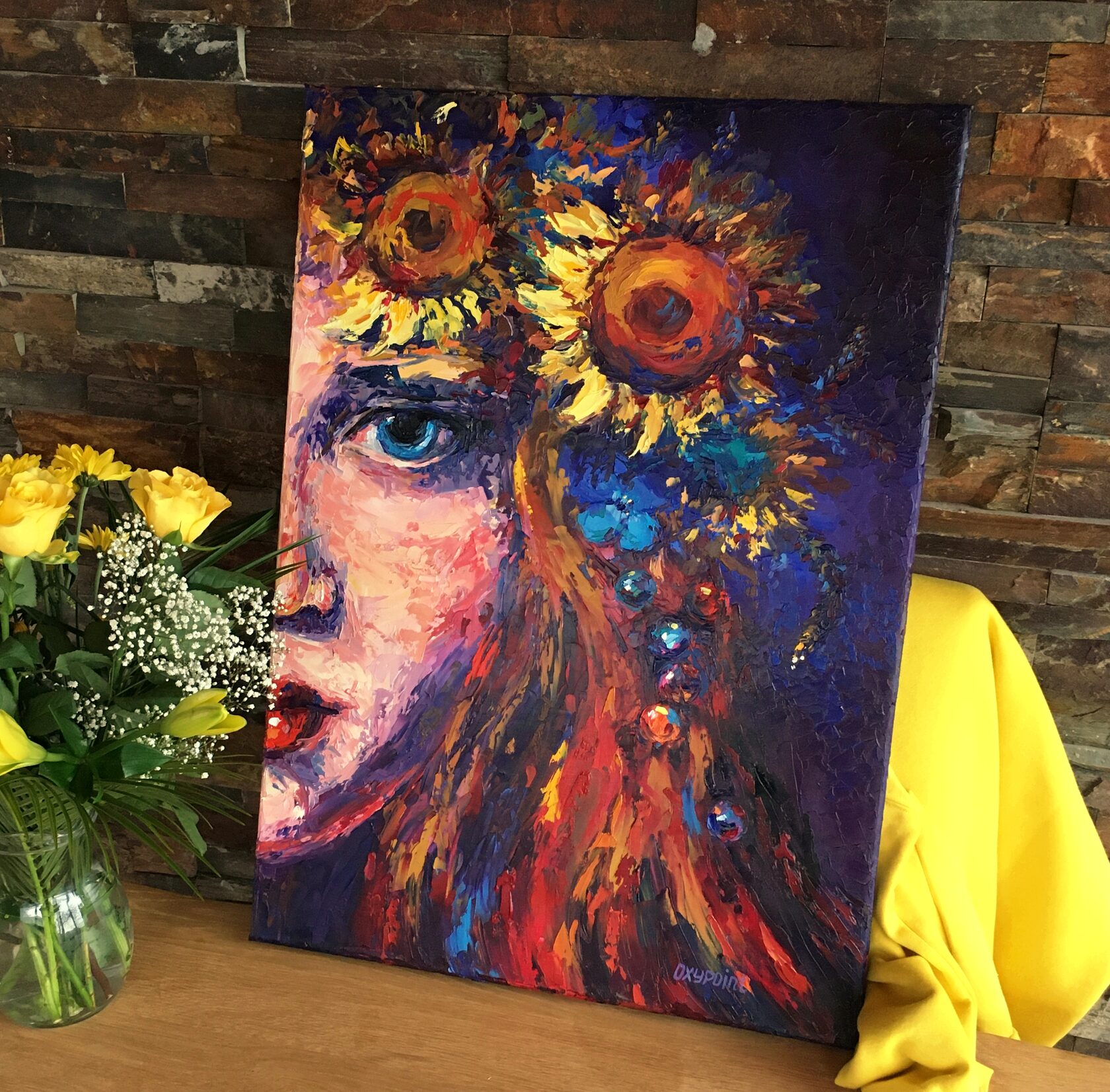 Girl with a wreath of sunflowers oil painting, contemporary portrait abstract art, flower knife painting, artist OXYPOINT Oxana Kravtsova, painting for sale 