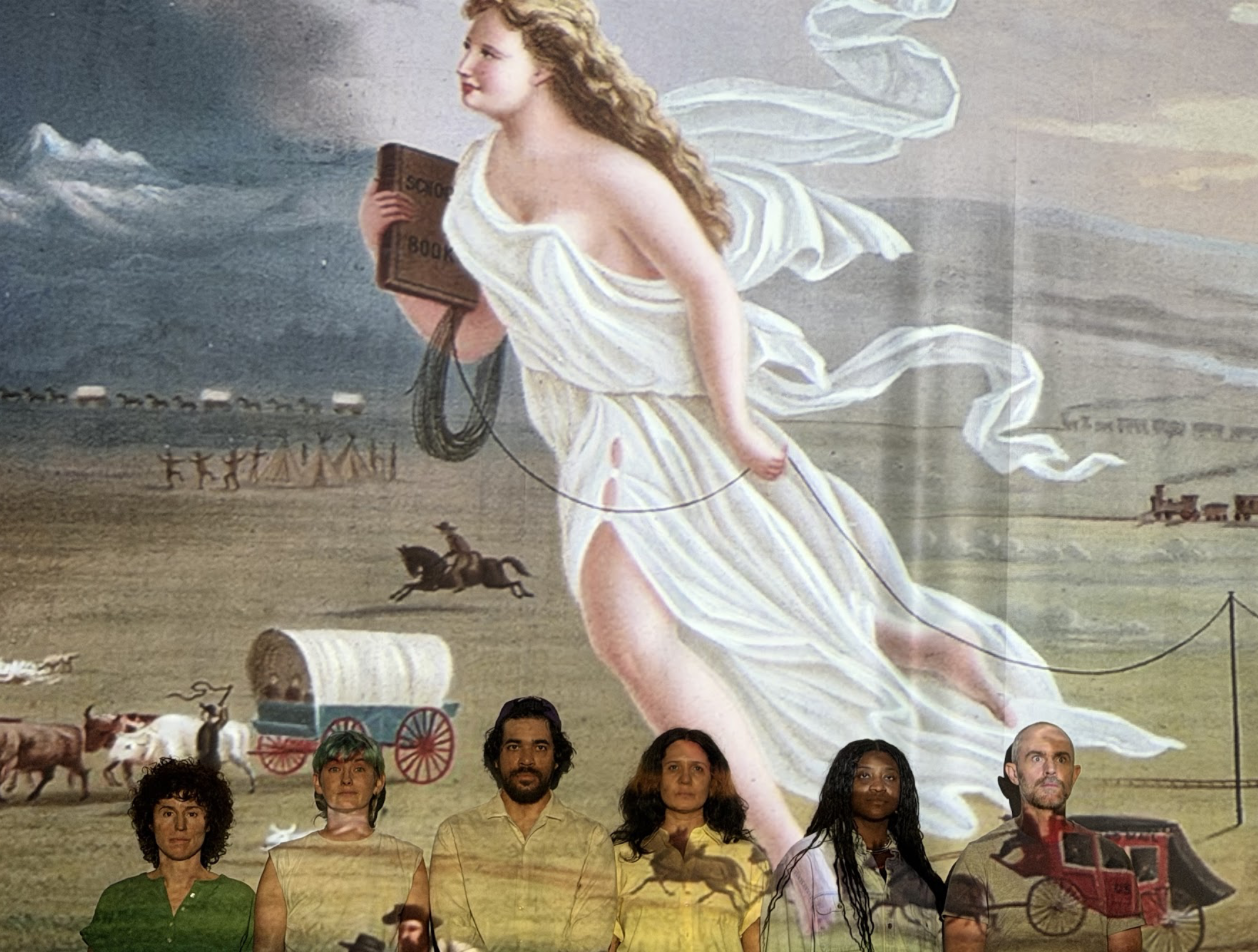 Six performers beneath a projected historical image