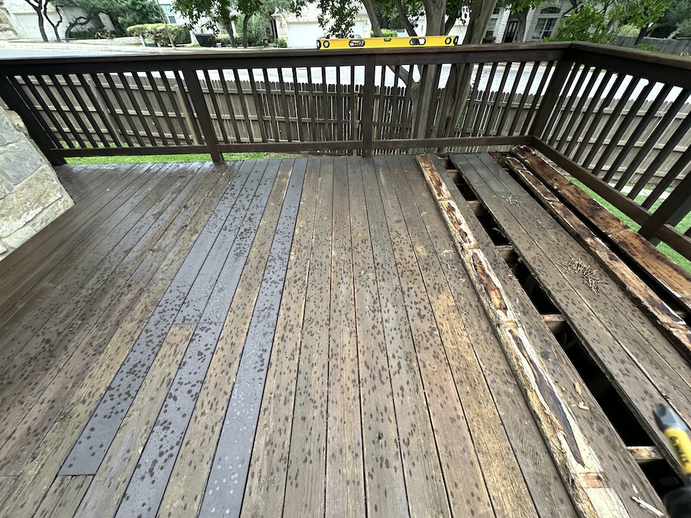 Wood deck restoration project in Cedar Park TX with hidden rot repairs