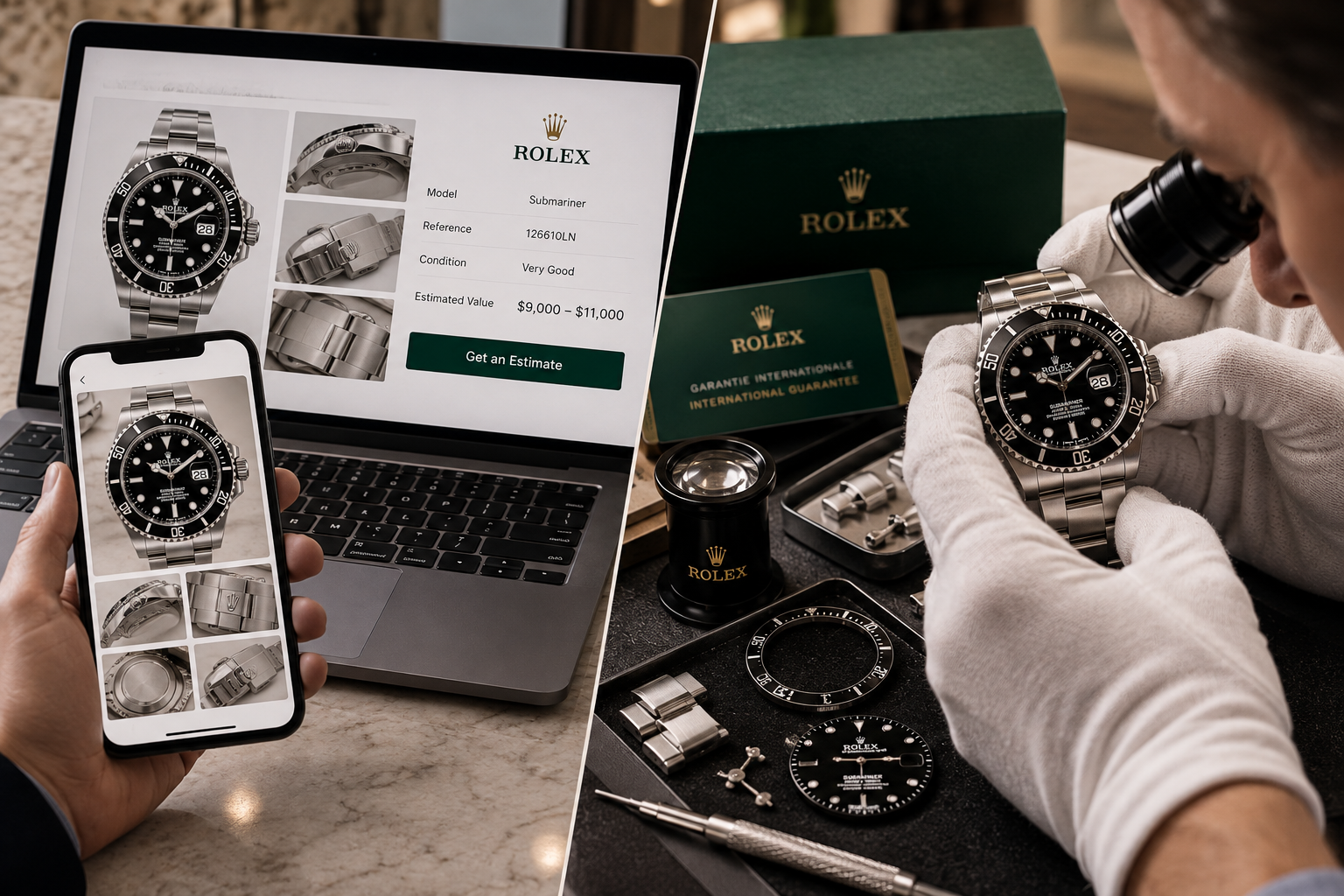 Online Rolex estimate compared with an in-person watch appraisal using photos, loupe and professional inspection tools