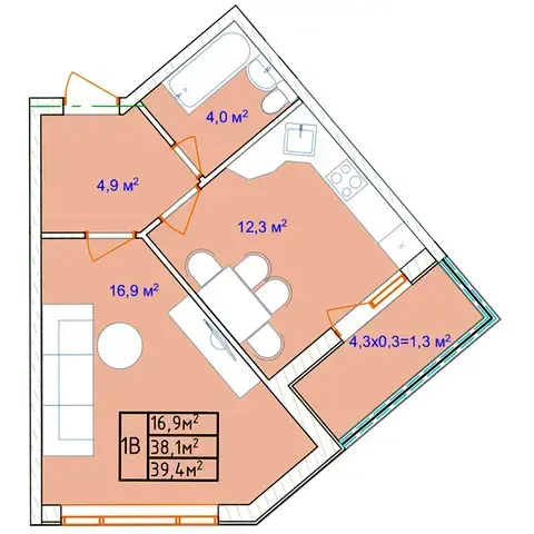 Планування 1-кімнатної квартири в ЖК Aqua Marine — варіант 1