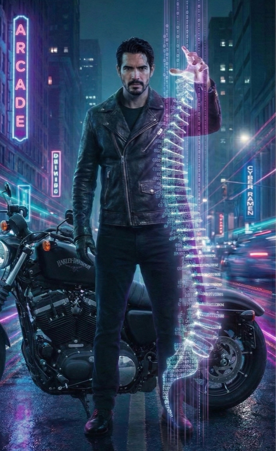 Elian standing by his Harley in neon rain, holding a digital spine made of code.