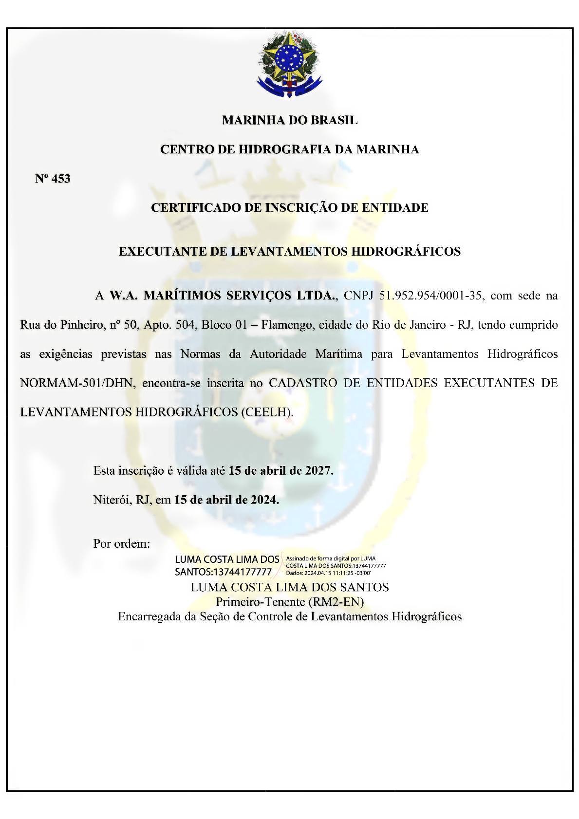 Certificado de Levantamentos Hidrográficos — Marinha do Brasil