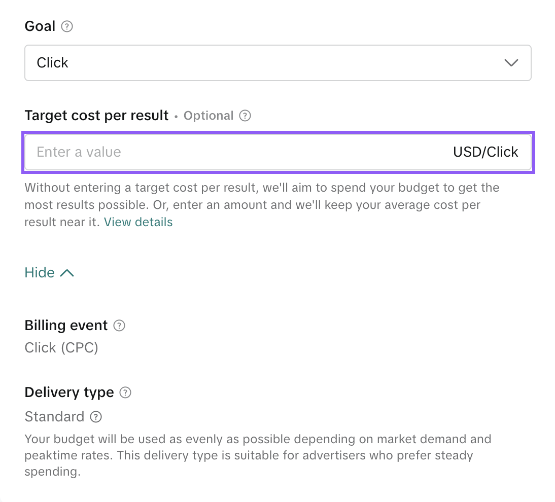Поле Target cost per result и модель оплаты в группе объявлений TikTok Ads Manager