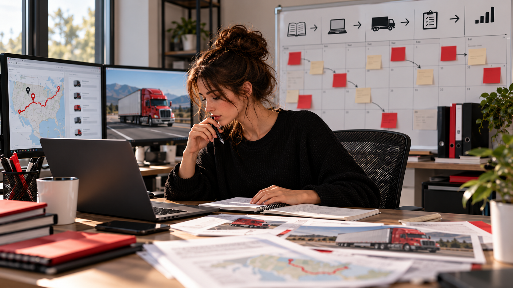 An adult learner following a multi-stage dispatch practice plan at a desk with calendar blocks and simulated load exercises