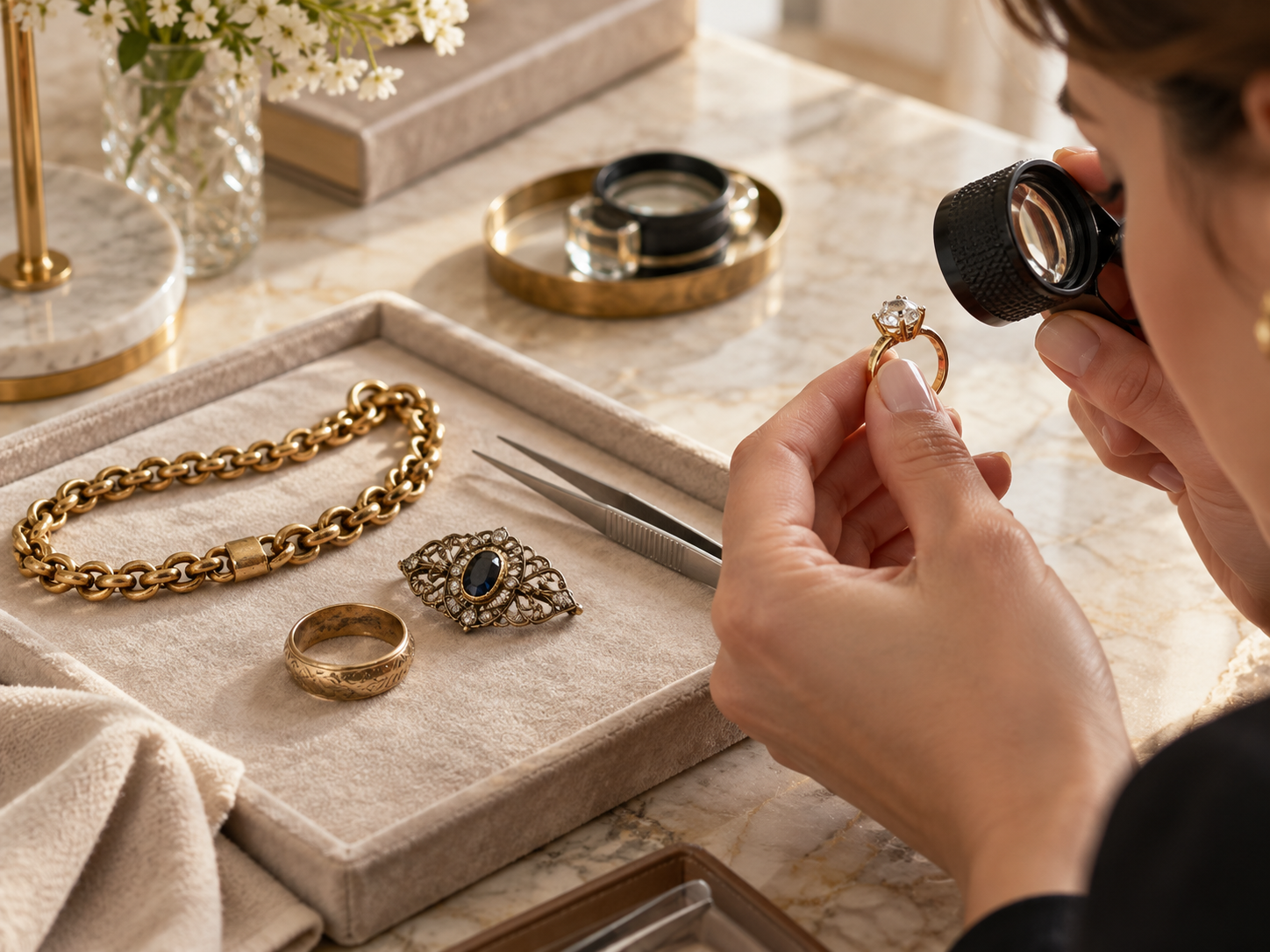 Jewelry specialist inspecting the condition of rings, bracelet and antique jewelry during evaluation