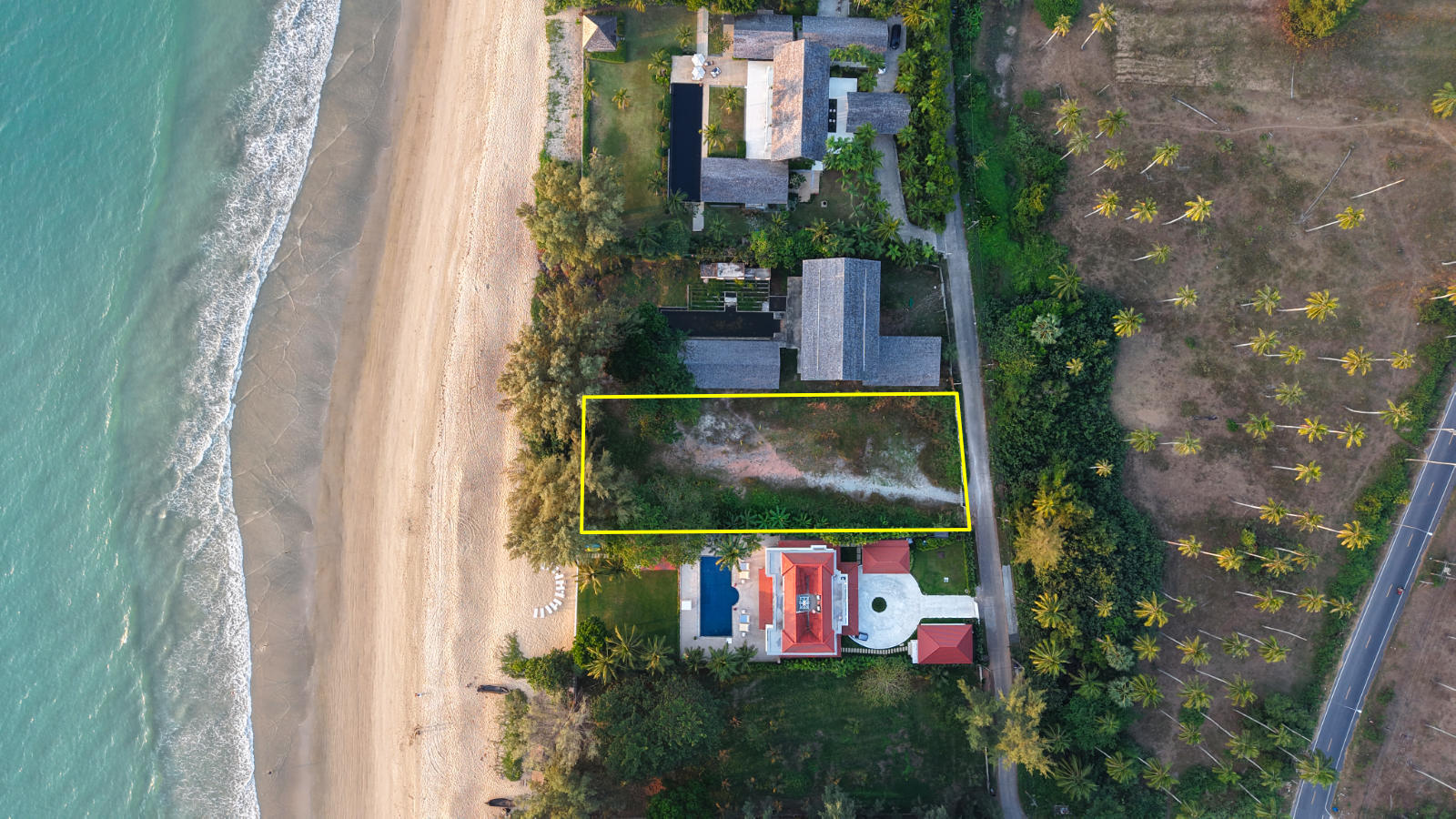 Aerial view showing the plot boundary, 30m beachfront land, Natai