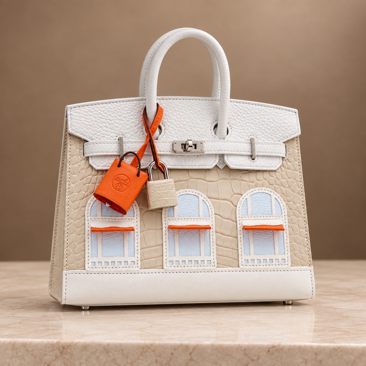 Cream Hermès Birkin 20 Faubourg Snow with orange awnings and architectural window details