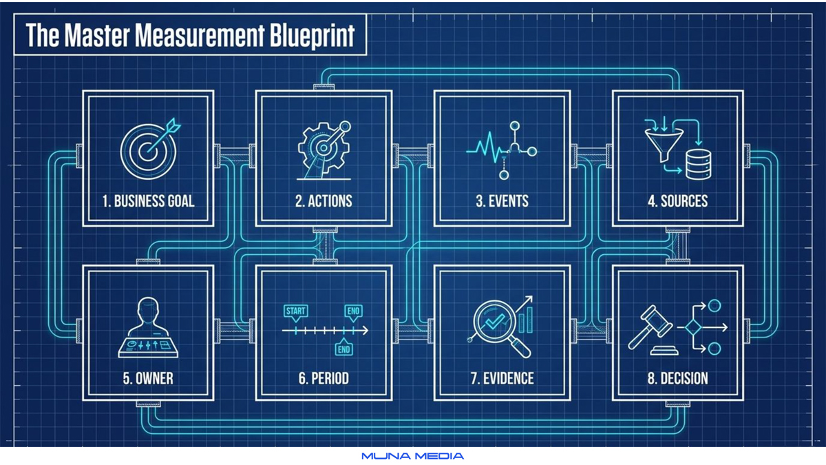 Master measurement blueprint: business goal, actions, events, sources, owner, period, evidence and decision — Muna Media