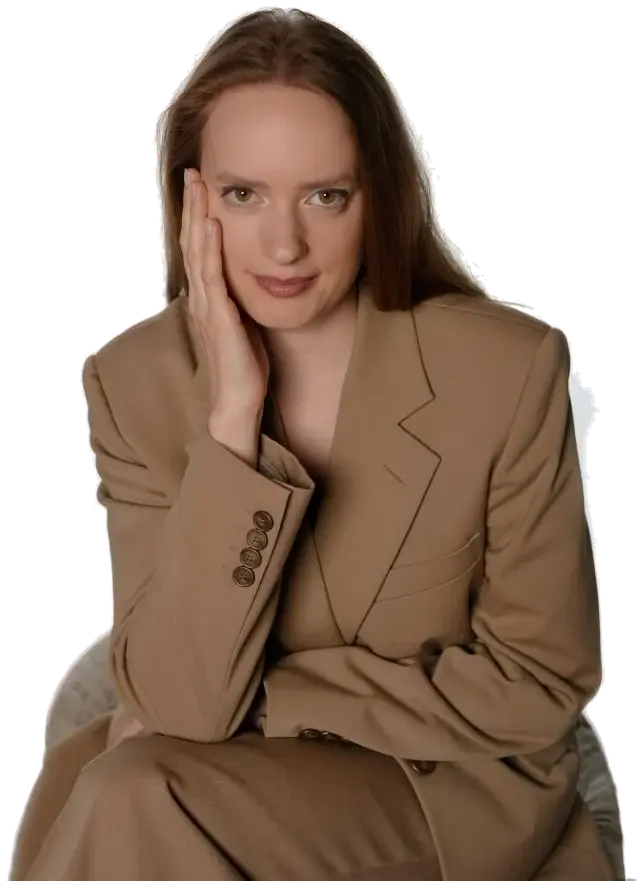 Daria Zvereva in a camel suit