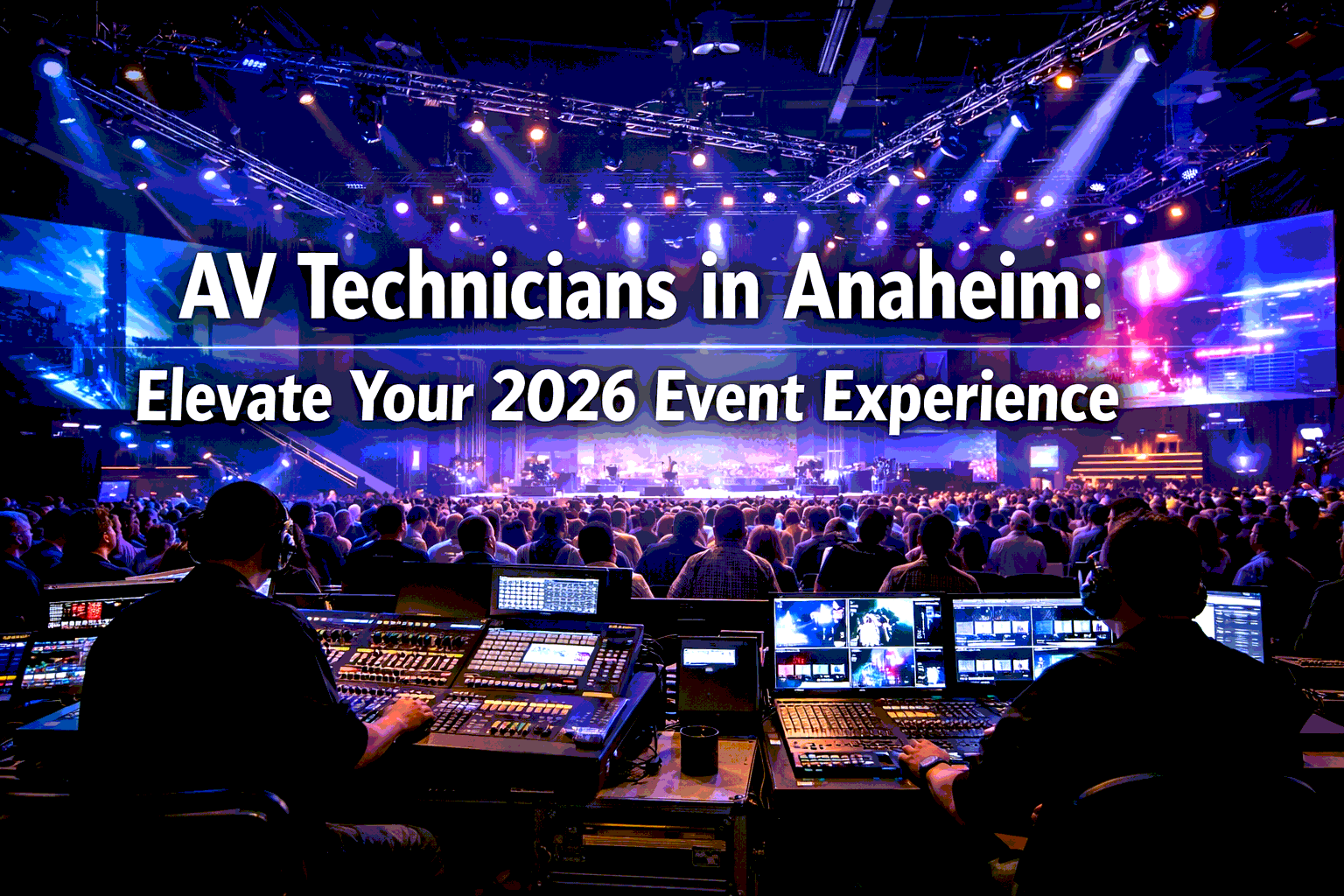 Professional () hero image featuring 'AV Technicians in Anaheim: Elevate Your 2026 Event Experience' in extra large white